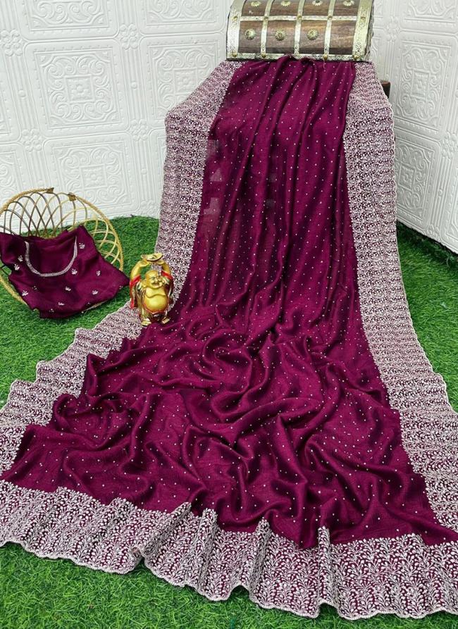 Blooming Vichtra Silk Wine Party Wear Zari Work Saree